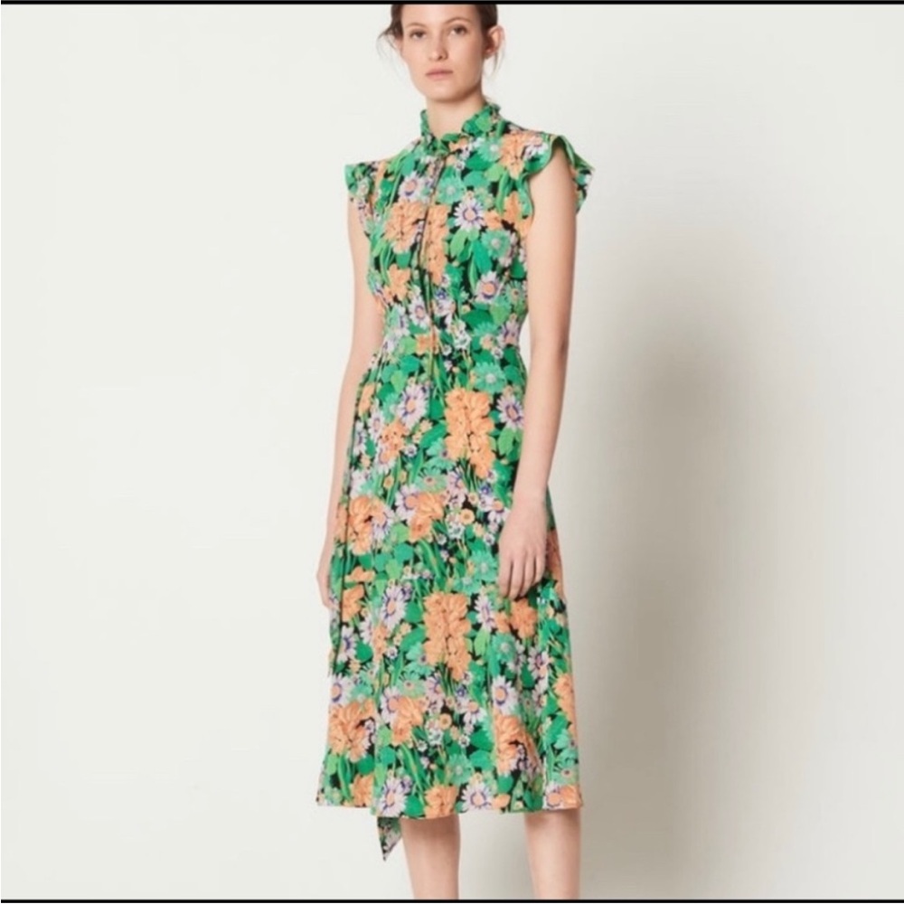 Sandro Paris Maline Silk Dress Size 2 Floral MIDI XS Wedding Guest